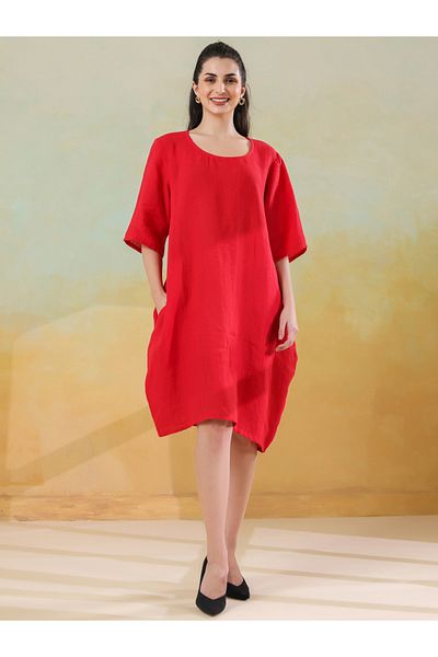 Sanskrutihomes By Styli Women Red Linen Blend Round Neck A-Line Knee-Length Dress