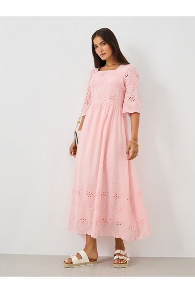 Keenly By Styli Solid Embroidered Short Sleeve Midi Dress