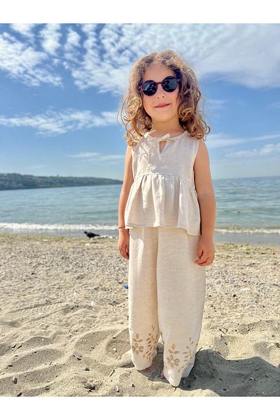 Cigit Embroidered Leg Linen Suit 2-7 Years Natural