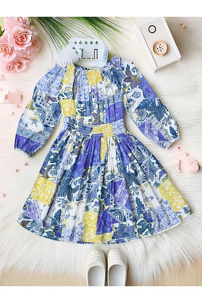 Bella Moda By Styli All-Over Print Cotton Dress with Smocked Waist