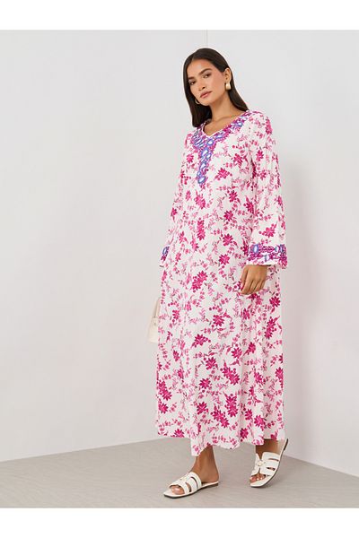 Keenly By Styli Floral Print Embroidered Long Sleeve Jalabiya