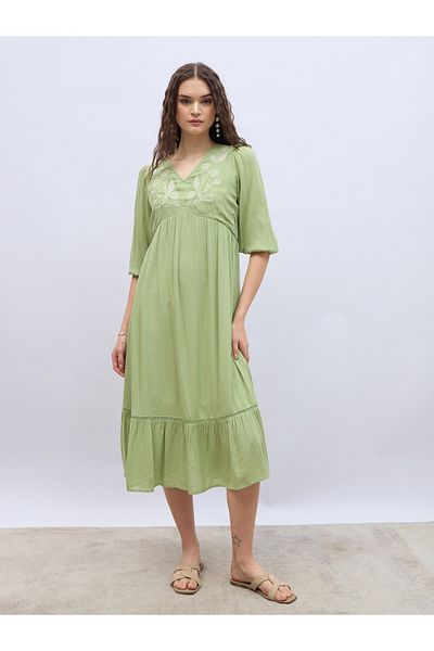 Styli Embroidered V Neck A-Line Midi Dress