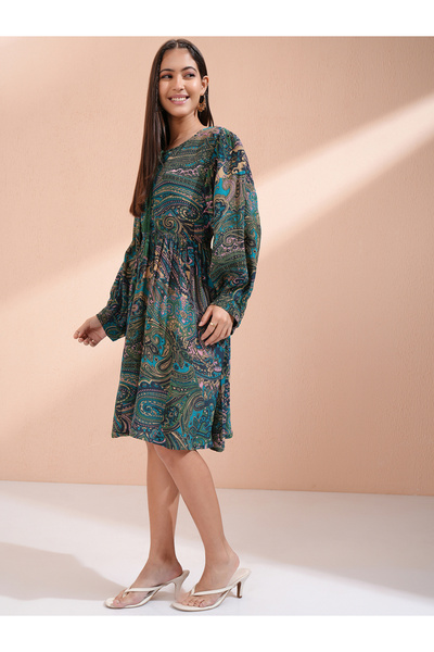 Vishudh By Styli Women Paisley Print Tie-Up Neck A-Line Knee-Length Dress