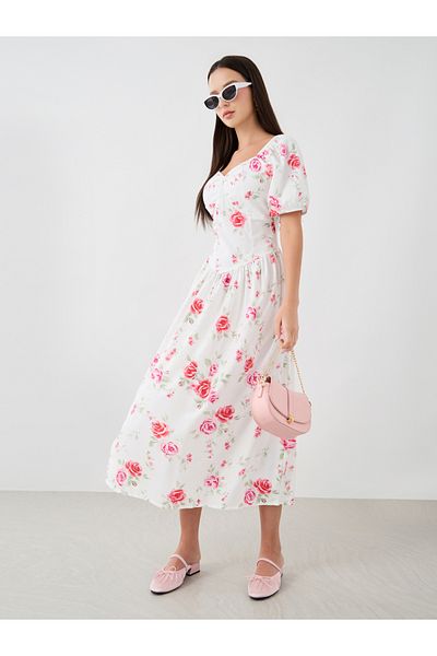 Styli Floral Print Sweetheart Neck Midi Dress