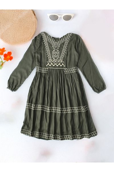 Bella Moda By Styli Embroidered Notch Neck Knee-Length Dress