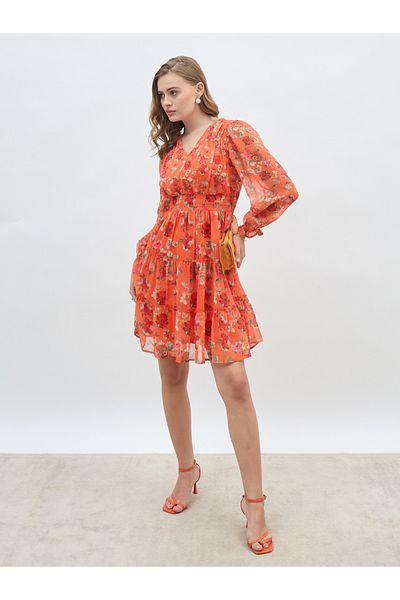 Styli All-Over Floral Print V Neck A-Line Knee Length Dress