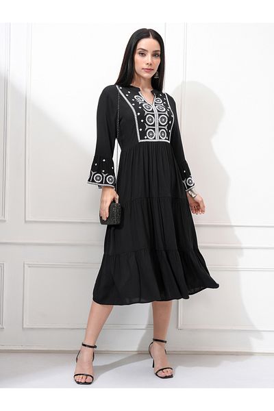Vishudh By Styli Women Embroidered Long Sleeves A-Line Midi Dress