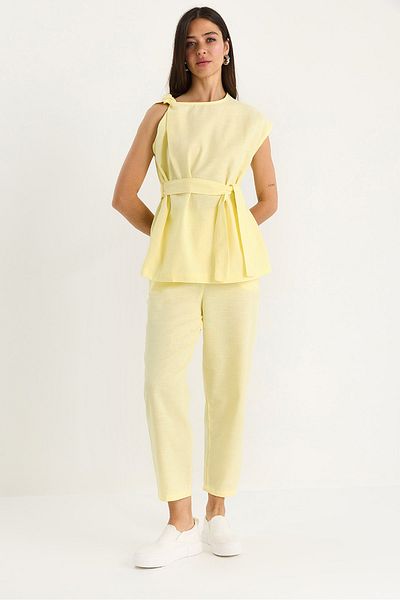 Bianco Lucci Women's Shoulder Knot Detailed Belted Linen Top-Top Set 9369 60281075