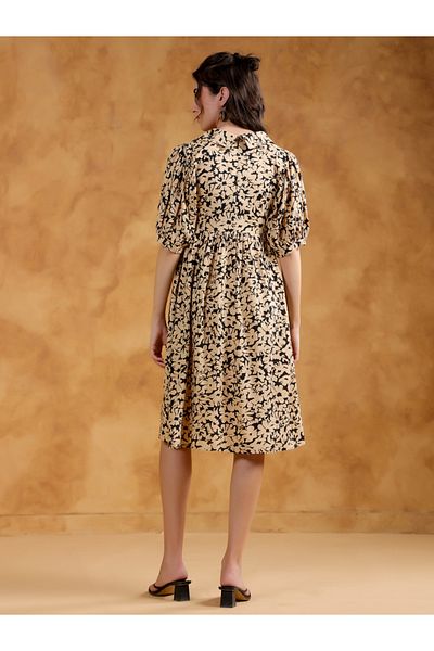 Sanskrutihomes By Styli Women Beige Floral Printed Puff Sleeves Knee-Length Dress