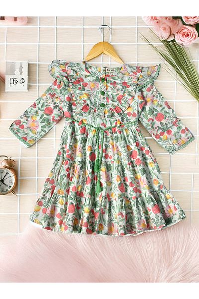 Bella Moda By Styli All-Over Print Ruffle Trim Tiered Dress with 3/4 Sleeves