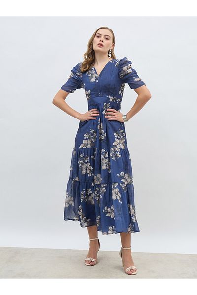Styli Floral Print Ruched Puff Sleeves Tiered Maxi Dress