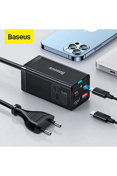 Baseus GaN3 Pro wall charger with Type-C to Type-C cable, 2xUSB-C, PD, 65W and USB-A 5A, - Black