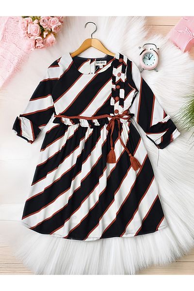 Bella Moda By Styli Striped Ruffle Trim Cotton Dress with Tie-Up Detail