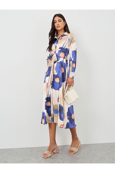 Styli Printed Long Sleeve Shirt Midi Dress