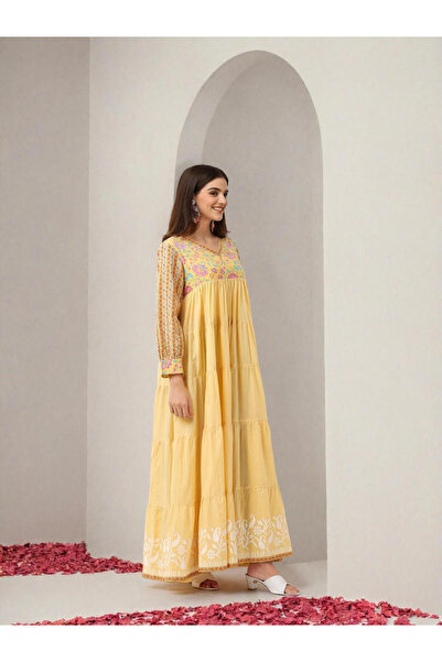 Ishin By Styli Women Yellow Printed V Neck Tiered Maxi Dress