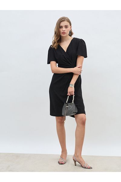 Styli Women Black Shimmer Twist Front Sheath Knee Length Dress with Flared Sleeves