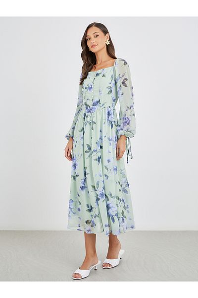 Styli Floral Print Balloon Sleeve A-Line Midi Dress
