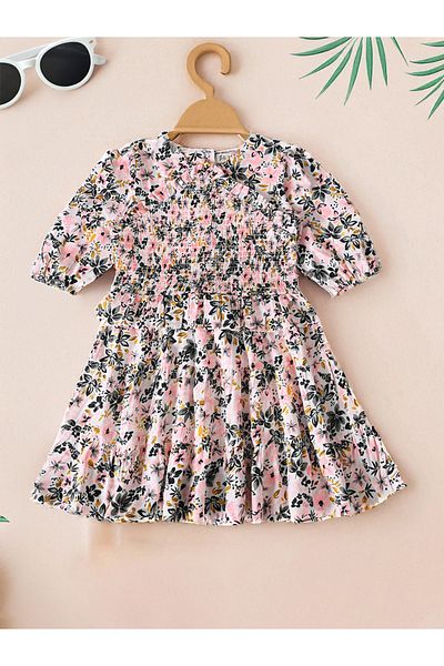 Bella Moda By Styli Floral Print Puff Sleeve Knee-Length Dress