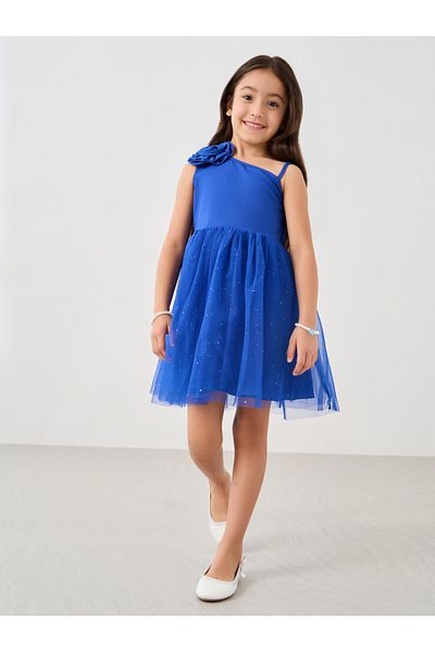 Styli Girls Embellished Asymmetric Neck Dress with Corsage Detail