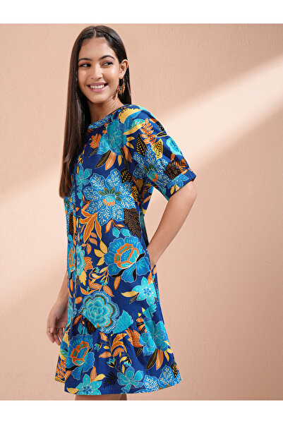 Vishudh By Styli Women Floral Print Puff Sleeves Cotton A-Line Mini Dress