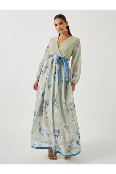 Styli Women Green Floral Print V Neck A-Line Maxi Dress with Ribbon Tie Detail