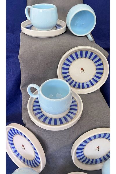 Erbaşlar Love Bird Blue Series Chubby 12 Piece Luxury Ceramic Chubby Coffee Cup Set Turkish Coffee Cup