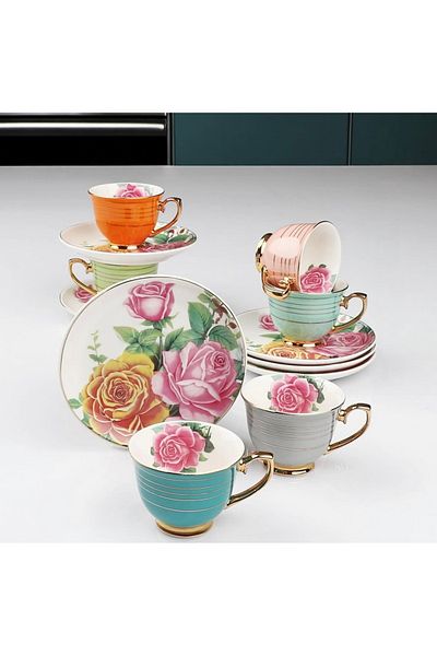 Kosova Çırağan Home 6 Color Rose Flower Coffee Cup Set