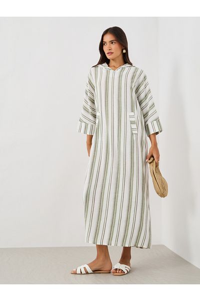 Keenly By Styli Striped Hooded Pocket Detail Long Sleeve Jalabiya