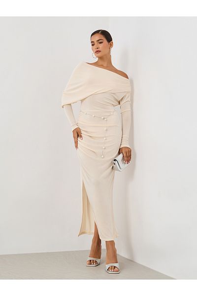 Styli Plain Long Sleeves Sheath Midi Dress with Pearl Belt