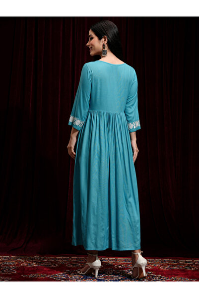 Vishudh By Styli Women Embroidered Round Neck A-Line Midi Dress