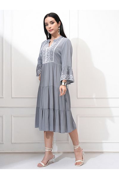 Vishudh By Styli Women Embroidered Long Sleeves A-Line Midi Dress