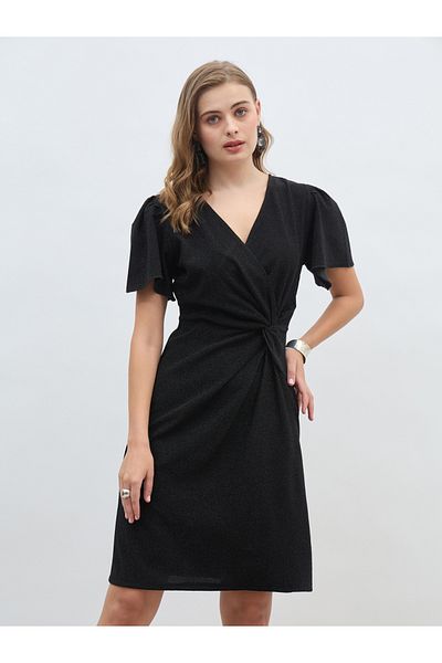 Styli Women Black Shimmer Twist Front Sheath Knee Length Dress with Flared Sleeves