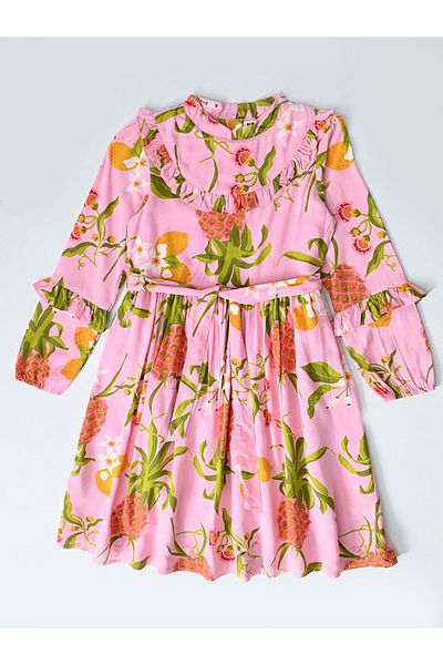 Bella Moda By Styli Pineapple Print Mandarin Collar Cotton Dress with Ruffle Trim