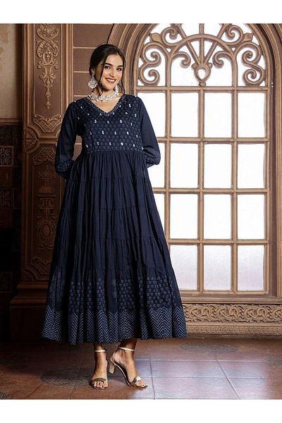Ishin By Styli Women Blue Printed V Neck Cotton A-Line Midi Dress