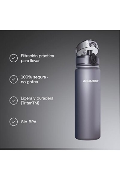 Aquaphor City Bottle 500ml Grey | Travel Water Bottle with Activated Carbon Filter | Filters Chlorin