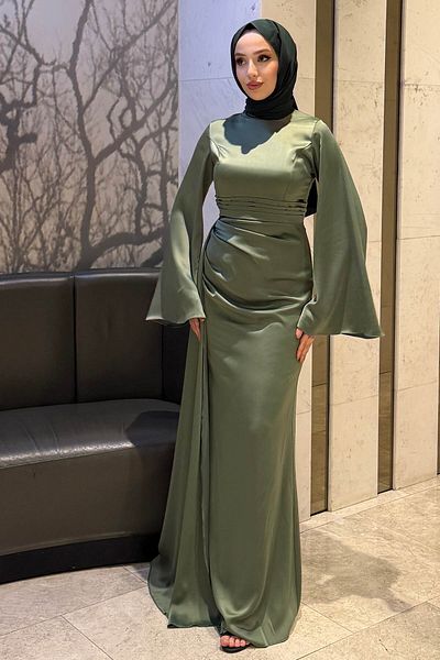 Tesettür Diyarı Γυναικείο βραδινό φόρεμα Arabella Cape Satin Fish-Πράσινο Μέντα