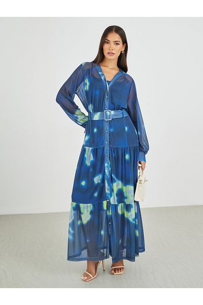 Styli Tie and Dye Print V Neck Shirt Maxi Dress with Belt