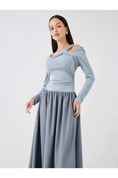 Styli Textured Asymmetric Neck Long Sleeve Midi Dress