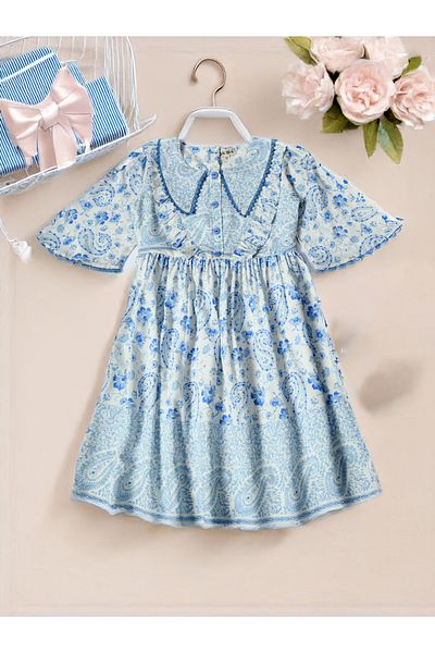 Bella Moda By Styli All-Over Print Lace Trim Cotton Dress with 3/4 Sleeves