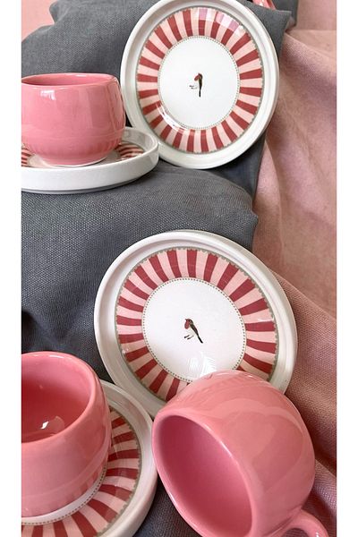 Erbaşlar Love Bird Pink Series Chubby 12 Piece Luxury Ceramic Chubby Coffee Cup Set Turkish Coffee Cup