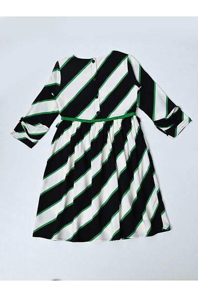 Bella Moda By Styli Striped Ruffle Trim Cotton Dress with Tie-Up Detail