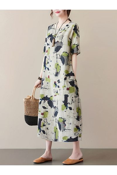 Take Two By Styli Printed Round Neck Short Sleeve Midi Dress