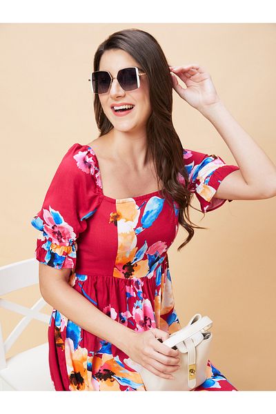 Globus By Styli Women Floral Printed Puff Sleeves A-Line Mini Dress with Smocked Back