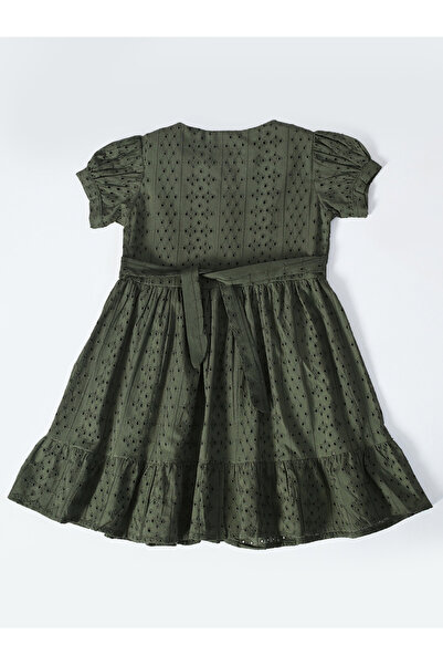 Bella Moda By Styli Solid Schiffli Puff Sleeves Dress with Button Front