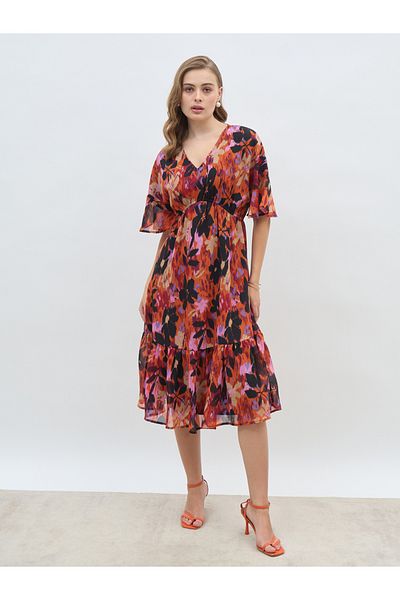 Styli All-Over Floral Print V Neck A-Line Midi Dress