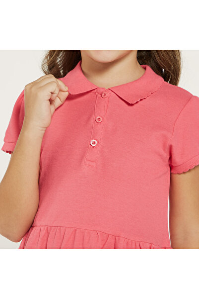 Juniors Solid Polo Dress With Short Sleeves And Button Closure