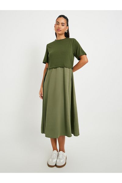 Styli Solid Short Sleeve Twofer A-Line Midi Dress