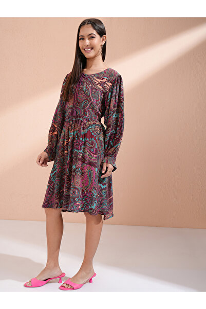 Vishudh By Styli Women Paisley Print Tie-Up Neck A-Line Knee-Length Dress