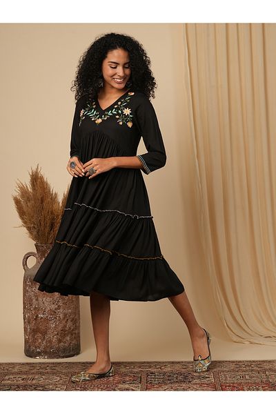 Globus By Styli Women Black Embroidered V Neck Tiered Midi Dress