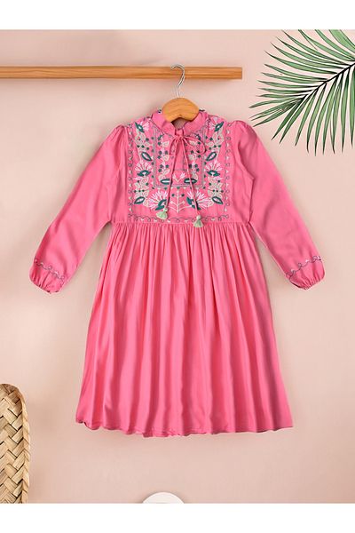Bella Moda By Styli Embroidered Tie-Up Neck Knee-Length Dress